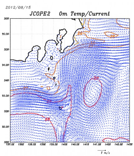 JCOPE2による2012年8月15日の海洋変動予測（黒潮マップ）