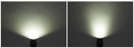 左が通常使用時（照射角100度）。右が集光レンズ使用時（照射角60度）