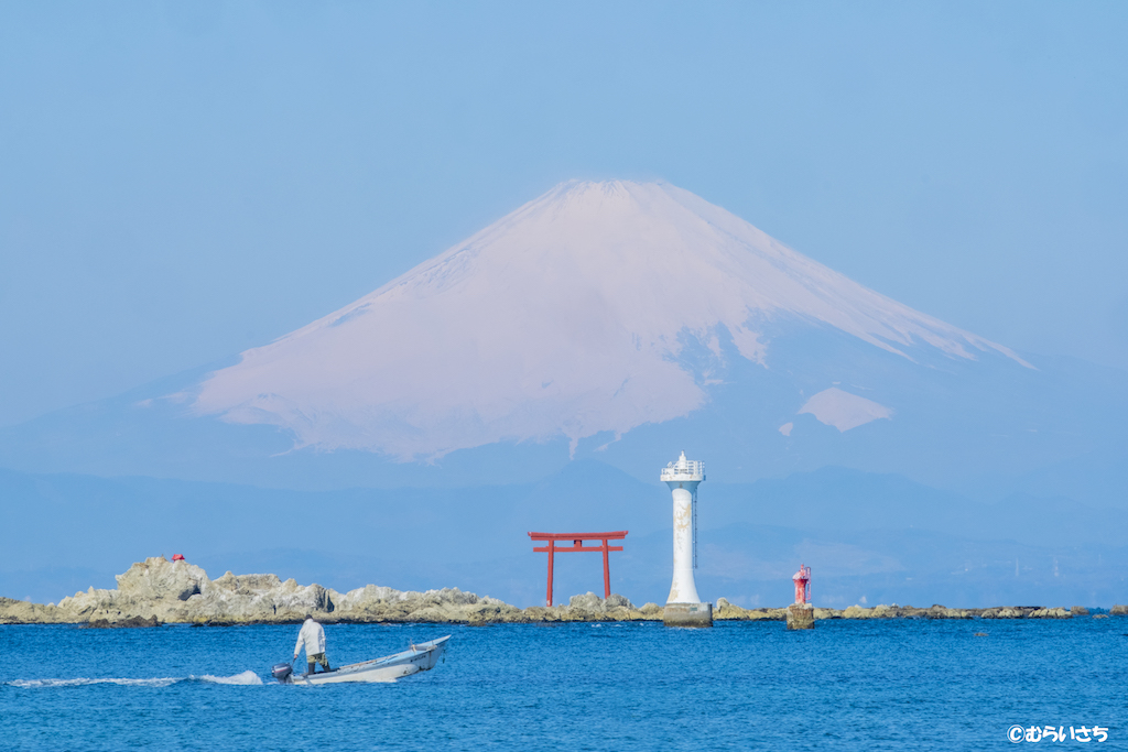 おすすめの陸の風景―裕次郎灯台と、森戸神社の鳥居越しの富士山！超絶景です！