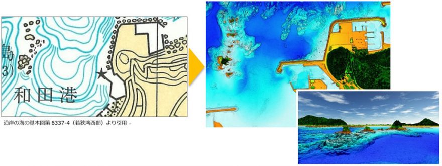 画像左：既存の地図では粗い地形情報のみ（沿岸の海の基本図第6337‐4（若狭湾西部）より引用）、画像右：岩礁の凹凸など海底の微細な地形を把握、3D表現も可能に