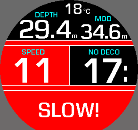 浮上スピードが速すぎると浮上スピードを示す数字と水平バーグラフが赤色に