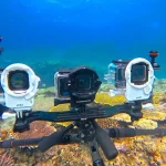 外部アクセサリーのレンズ変換マウントを装着したアクションカメラ