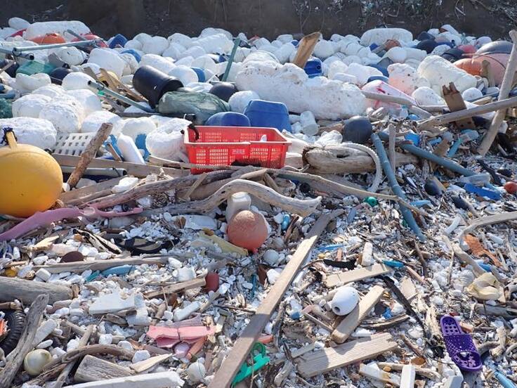 層をなして堆積したプラスチックごみ(撮影:対馬佐保地区/OWS)
