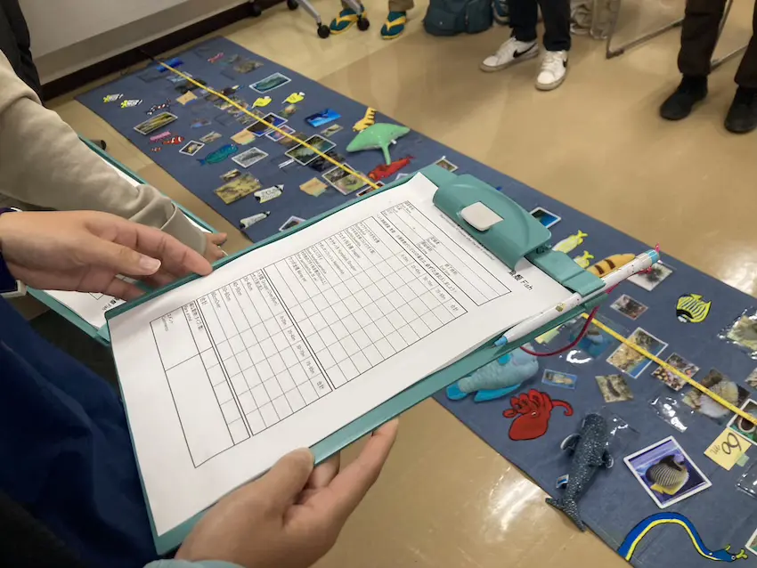 陸上でも水中と同様のシートを使い、魚類、無脊椎動物、底質のチェックのデモンストレーションを行った