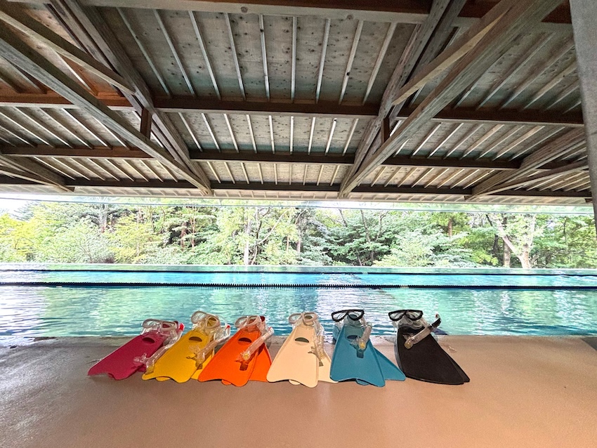 温水プールで、器材の無料貸し出しもあり